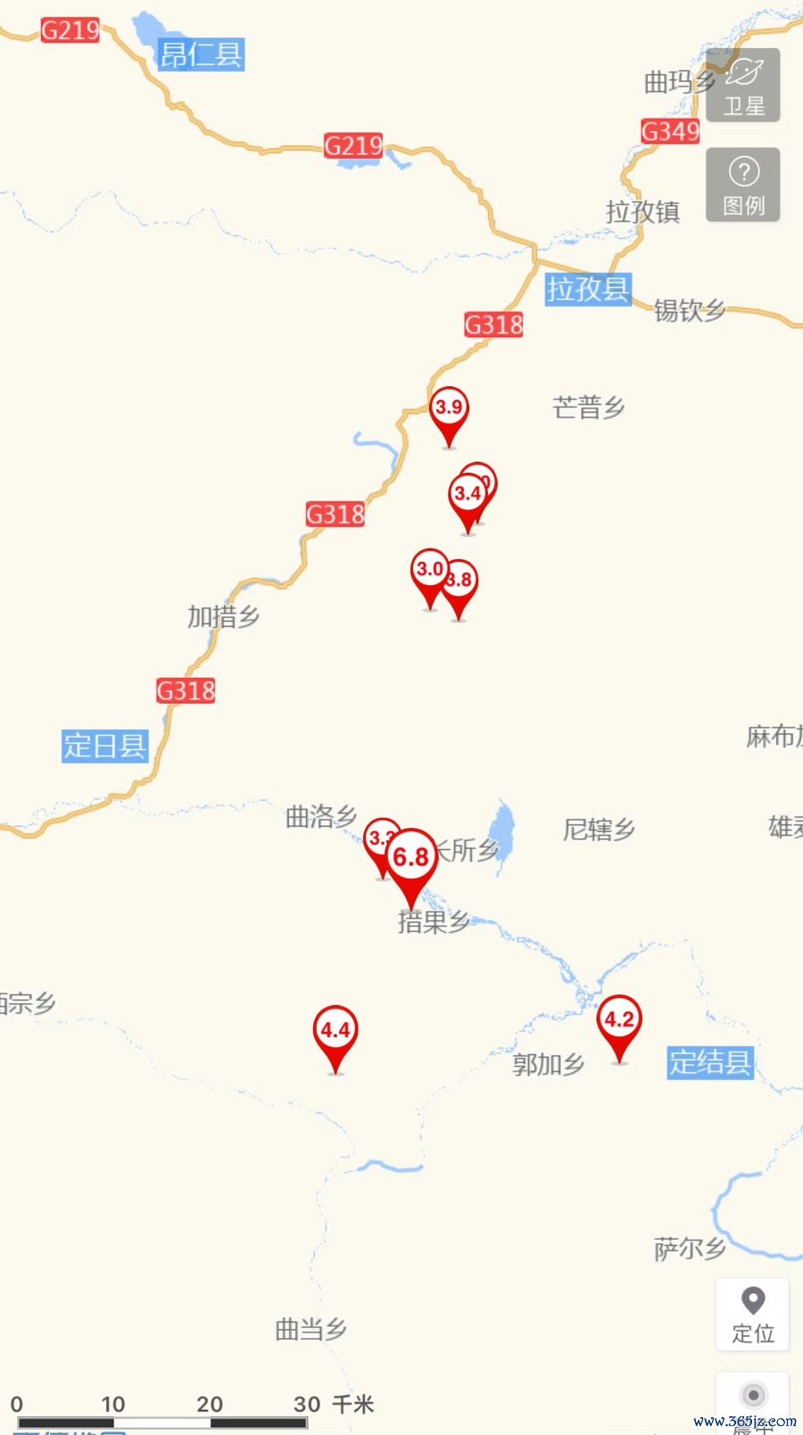 震中位于定日县措果乡,附近的曲洛乡、长所乡也受到强震影响,图片源自中国地震台网开发的地震速报APP